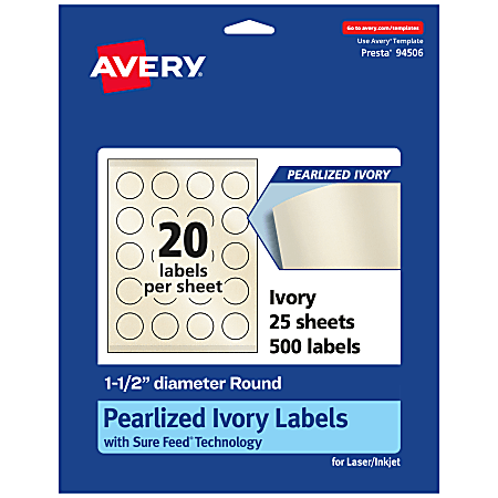 Avery® Pearlized Permanent Labels With Sure Feed®, 94506-PIP25, Round, 1-1/2" Diameter, Ivory, Pack Of 500 Labels