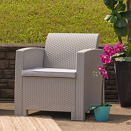 Flash Furniture Faux Rattan Chair With All-Weather Cushion, Light Gray/Gray