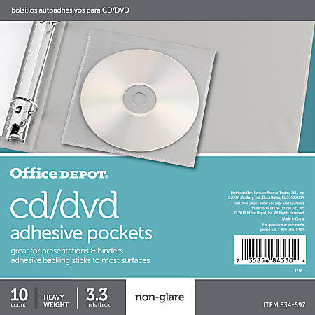 Office Depot® Brand CD/DVD Adhesive Pockets, 6" x 10 1/2", Clear, Non-Glare, Pack Of 10