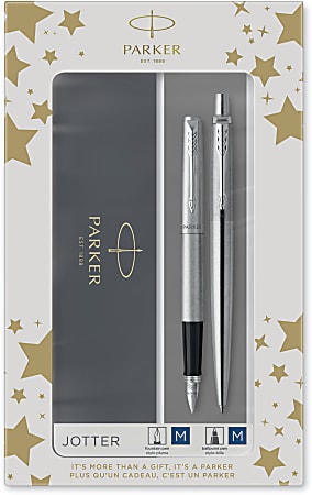 Parker® Jotter Duo Ballpoint And Fountain Pen Set, Medium Point, 0.7 mm, Silver Barrels, Blue Ink, Set Of 2 Pens