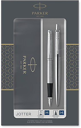 Parker Jotter Duo Ballpoint And Fountain Pen Set Medium Point 0.7 mm Silver  Barrels Blue Ink Set Of 2 Pens - Office Depot