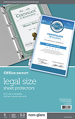 Office Depot® Brand Legal Size Sheet Protectors, 8-1/2" x 14", Non-Glare, Box Of 5