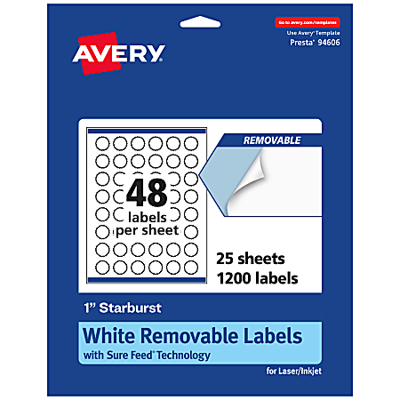 Avery® Removable Labels With Sure Feed®, 94606-RMP25, Starburst, 1", White, Pack Of 1,200 Labels