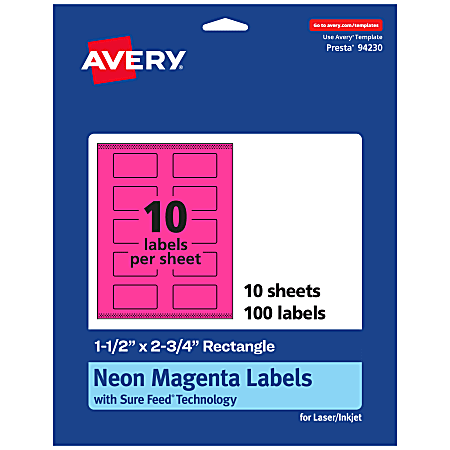 Avery® Print-To-The-Edge Labels With Sure Feed® Technology And Easy Peel®, 94230-NMP10, Rectangle, 1-1/2" x 2-3/4", Matte Neon Magenta, Pack of 100