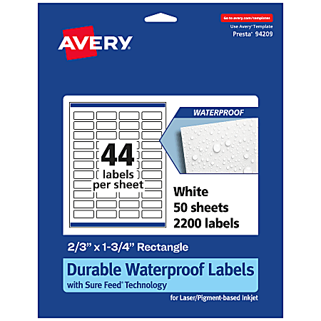 Avery® Waterproof Permanent Labels With Sure Feed®, 94209-WMF50, Rectangle, 2/3" x 1-3/4", White, Pack Of 2,200