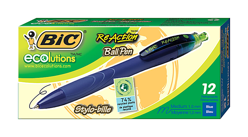 BIC® Ecolutions ReAction Retractable Ballpoint Pens, Medium Point, 1.0 mm, 74% Recycled, Black Barrel, Blue Ink, Pack Of 12 Pens