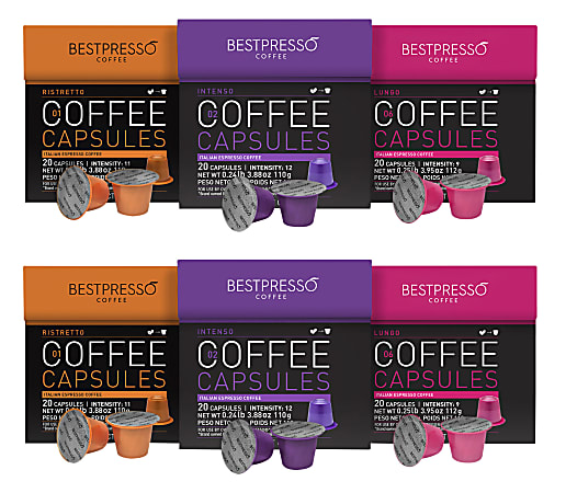 Bestpresso Single-Serve Coffee Freshpacks, Intense, Variety Pack, Carton Of 120, 6 x 20 Per Box