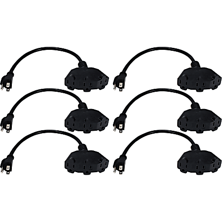 QVS 6-Pack 12 Inches 3-Outlet OutletSaver AC Power Splitter Adaptor - For Power Strip - 125 V AC / 13 A - Black - 1 ft Cord Length - 6