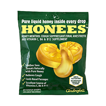 Honees Cough Drops, Menthol, 20 Per Pouch, Case Of 6 Pouches