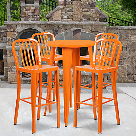 Flash Furniture Commercial-Grade Round Metal Indoor-Outdoor Bar Table Set With 4 Vertical Slat-Back Stools, 41"H x 24"W x 24"D, Orange