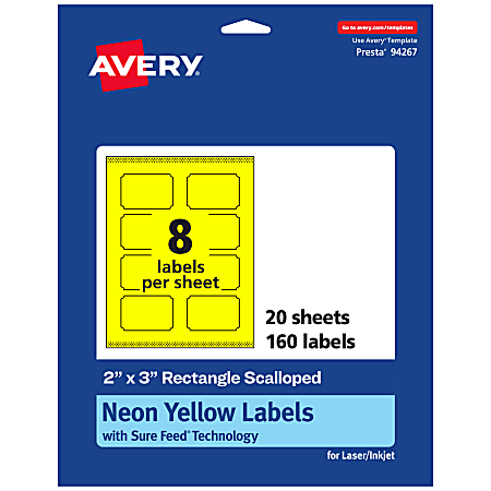 Avery® Print-To-The-Edge Labels With Sure Feed® Technology, 94267-NYP20, Rectangle Scalloped, 2" x 3", Matte Neon Yellow, Pack of 160