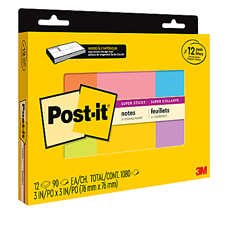 Post-it® Super Sticky Notes, 3 in x 3 in, 12 Pads, 90 Sheets/Pad, Clean Removal, Assorted Colors