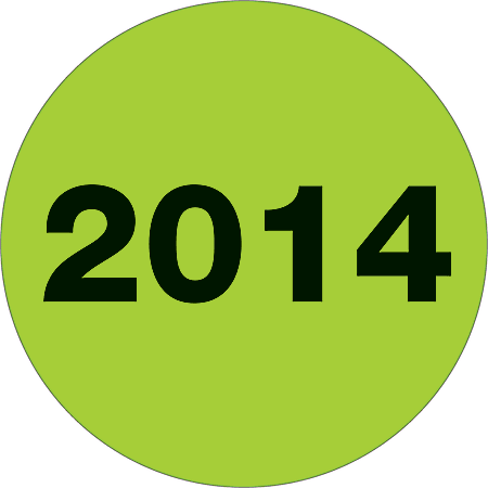 Tape Logic® Year Labels, DL6799, 2014, 3", Fluorescent Green, Roll Of 500