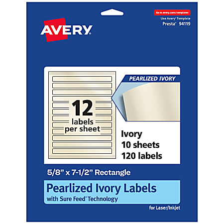 Avery® Pearlized Permanent Labels With Sure Feed®, 94119-PIP10, Rectangle, 5/8" x 7-1/2", Ivory, Pack Of 120 Labels