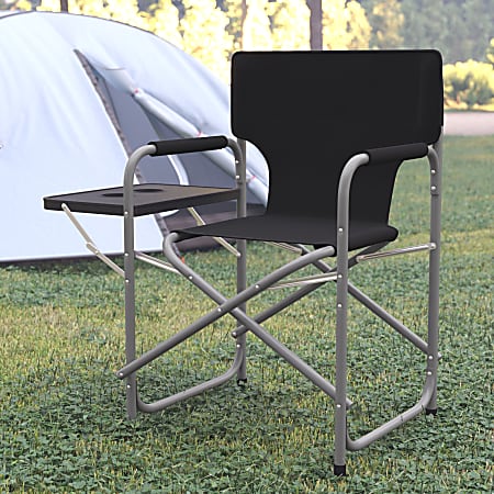 Flash Furniture Folding Director's Camping Chair With Side Table And Cup Holder, Black/Gray