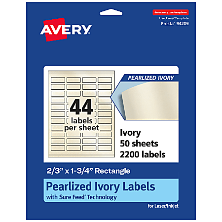 Avery® Pearlized Permanent Labels With Sure Feed®, 94209-PIP50, Rectangle, 2/3" x 1-3/4", Ivory, Pack Of 2,200 Labels