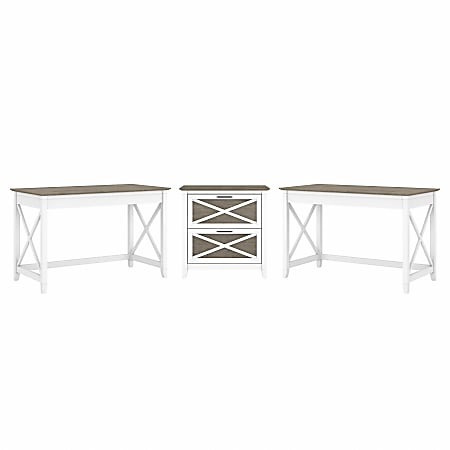 Bush Furniture Key West 2-Person Desk Set With Lateral File Cabinet, Shiplap Gray, Standard Delivery