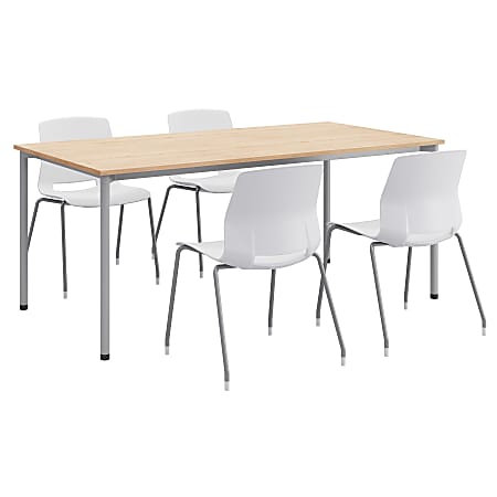 KFI Studios Dailey Table Set With 4 Sled Chairs, Natural/Silver Table/White Chairs