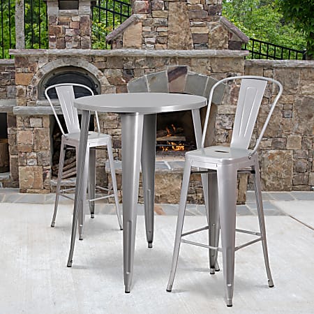 Flash Furniture Commercial-Grade Round Metal Indoor/Outdoor Bar Table Set With 2 Café Stools, 41"H x 30"W x 30"D, Silver