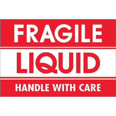 Tape Logic® Preprinted Labels, DL2165, Fragile — Liquid — Handle With Care, Rectangle, 2" x 3", Red/White, Roll Of 500