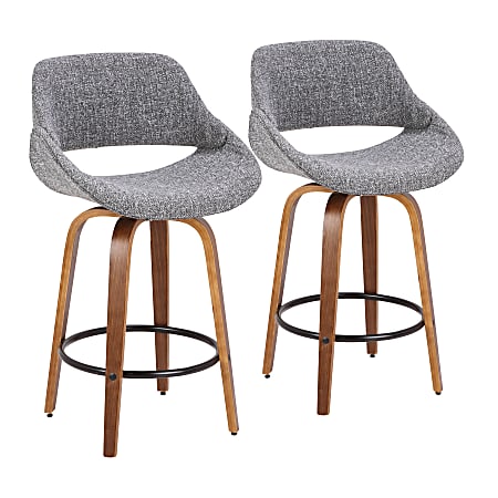 LumiSource Fabrico Counter Stools, Gray Seat/Walnut Frame/Round Black Footrest, Set Of 2 Stools