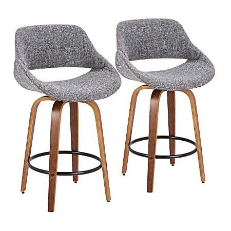 LumiSource Fabrico Counter Stools, Gray Seat/Walnut Frame/Round Black Footrest, Set Of 2 Stools