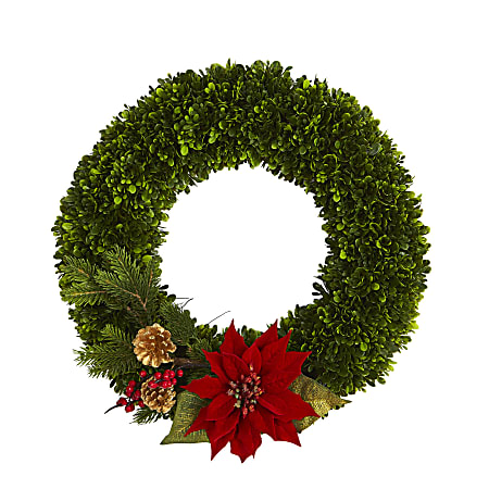 Nearly Natural Tea Leaf, Poinsettia And Pine Artificial Wreath, 18” x 4”, Green