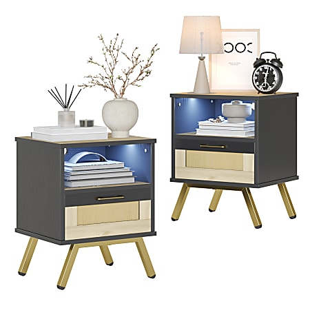 Bestier 1-Drawer Natural LED Nightstand Bedroom Table with Rattan and Open Storage, Set of 2