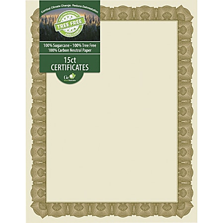 Geographics Tree Free Certificate - 8.5" - Multicolor with Gold Border - Sugarcane - 15 / Pack