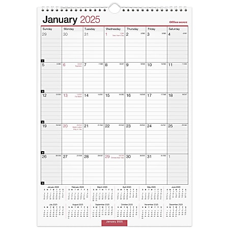 2025 Office Depot Monthly Wall Calendar, 12" x 17", Traditional, January 2025 To December 2025, OD30162825