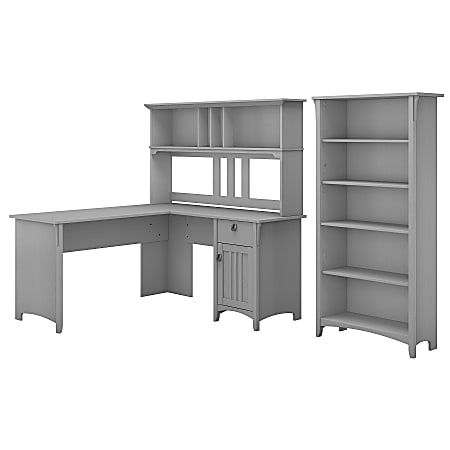 Bush Furniture Salinas 60"W L Shaped Desk with Hutch and 5 Shelf Bookcase, Cape Cod Gray, Standard Delivery