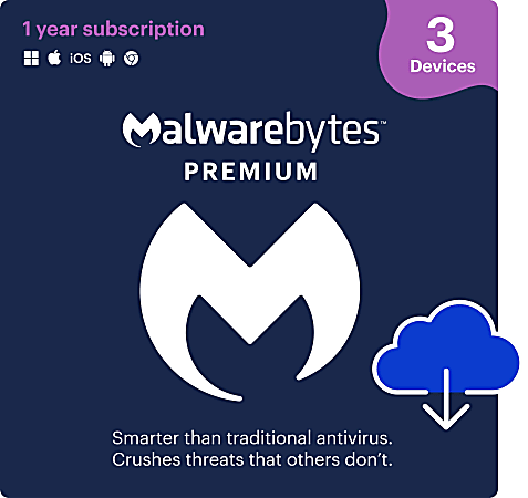 Malwarebytes Premium, For 3 Devices, 1-Year Subscription, For Windows&reg;/Mac/Android, Download