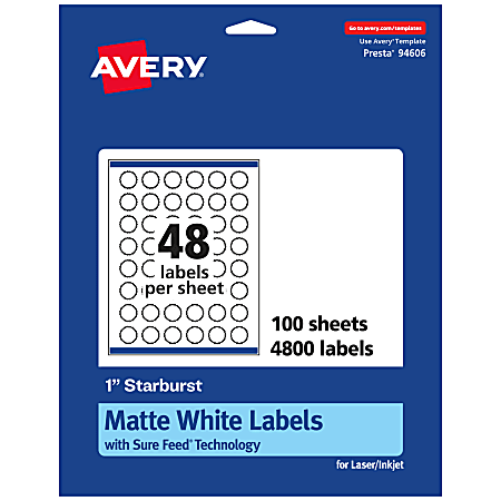 Avery® Permanent Labels With Sure Feed®, 94606-WMP100, Starburst, 1", White, Pack Of 4,800