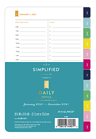 Emily Ley Simplified System 1 Page Per Day Refill, 5-1/2" x 8-1/2", Black/White, January To December 2021, EL100-4311