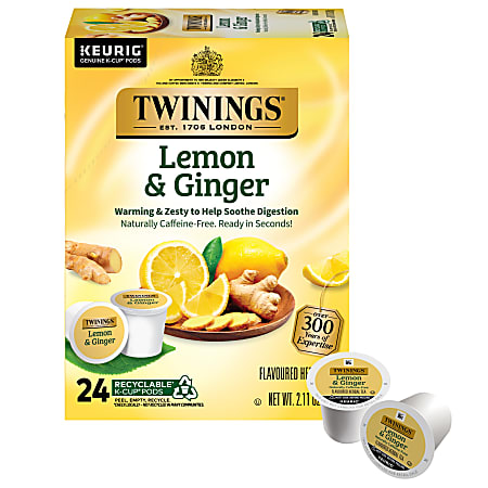 Twinings® Lemon Ginger Decaffeinated Herbal Tea, K-Cup® Pods, 2.8 Oz, Carton Of 24