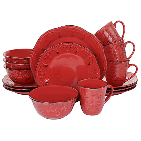 Elama Rustic Birch 16-Piece Stoneware Dinnerware Set, Red