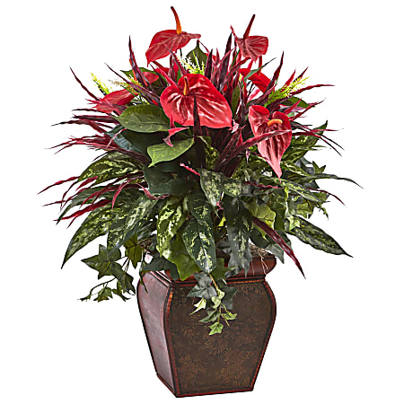 Nearly Natural Mixed Anthurium 28”H Artificial Plant With Planter, 28”H x 20”W x 20”D, Red/Green