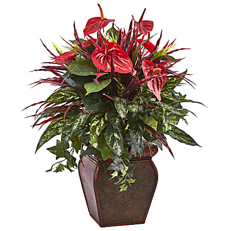 Nearly Natural Mixed Anthurium 28”H Artificial Plant With Planter, 28”H x 20”W x 20”D, Red/Green