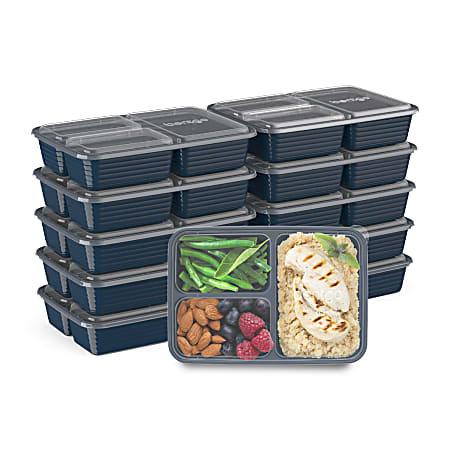 Bentgo Prep 3-Compartment Containers, 6-1/2"H x 6-3/4"W x 9-1/2"D, Navy, Pack Of 10 Containers
