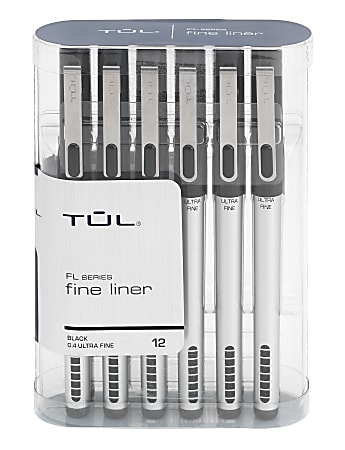 TUL® Fine Liner Felt-Tip Pens, Ultra-Fine, 0.4 mm, Silver Barrel, Black Ink, Pack Of 12 Pens