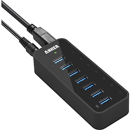 Anker USB 3.0 Hub 7*USB 3.0 Ports Vertical Black USB-A Hub A7505 - Anker USB 3.0 7-Port Hub with 1 BC 1.2 Charging Port up to 5V 1.5A, 12V 3A Power Adapter Included