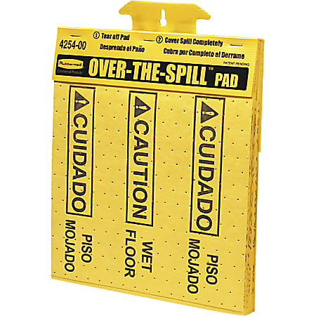 Rubbermaid® Commercial Bilingual Over-The-Spill Pads, "Caution Wet Floor" And "cuidado Piso Mojado", 12 5/8"W x 16"H, Yellow, 25 Sheets Per Pad, Box Of 300