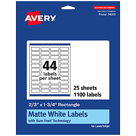 Avery® Permanent Labels With Sure Feed®, 94209-WMP25, Rectangle, 2/3" x 1-3/4", White, Pack Of 1,100