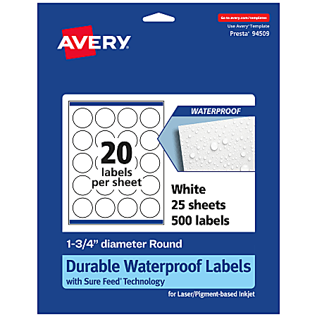 Avery® Waterproof Permanent Labels With Sure Feed®, 94509-WMF25, Round, 1-3/4" Diameter, White, Pack Of 500