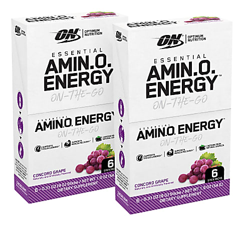 Optimum Nutrition Essential Amino Energy Stick Packs, 0.31 Oz, Concord Grape, 6 Sticks Per Box, Pack Of 2 Boxes