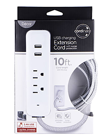 Cordinate 4-Outlet 16-Gauge USB Extension Cord With Surge Protection, 10', Gray/White