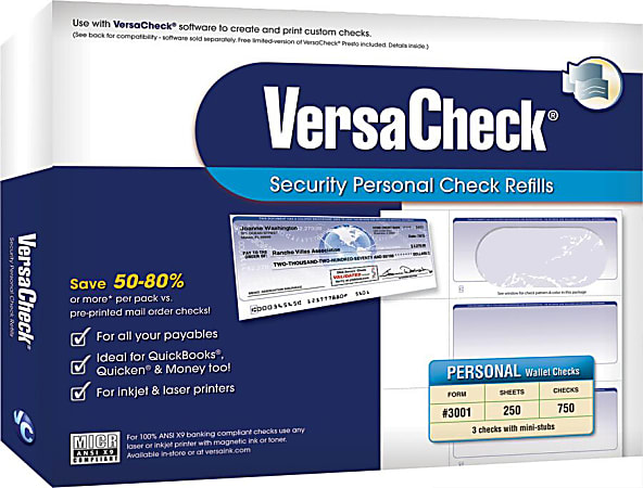 VersaCheck® Security Personal Form 3001 Personal Wallet Check Refills, Blue Prestige, Pack Of 250 Sheets