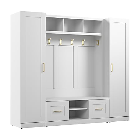 Bush Furniture Hampton Heights Full Entryway Storage Set With Hall Tree, Shoe Bench With Doors And Narrow Cabinets, White, Standard Delivery