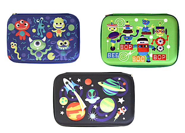 Inkology Plastic Pencil Cases, 6"H x 9"W x 13"D, Assorted Designs, Pack Of 6 Pencil Cases