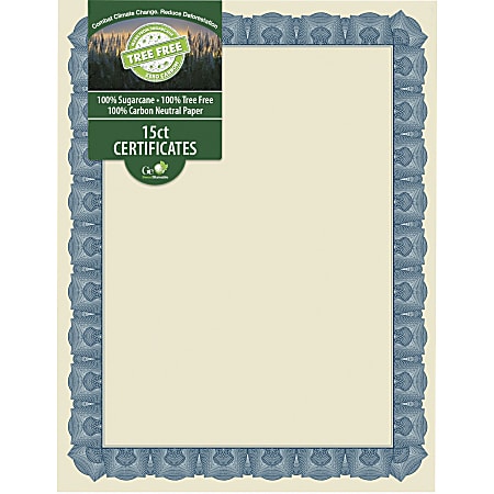 Geographics Tree Free Certificate - 8.5" - Multicolor with Blue Border - Sugarcane - 15 / Pack